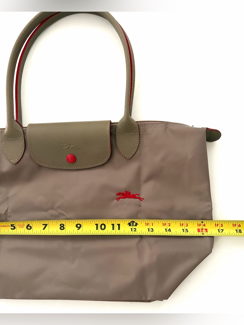 Longchamp Taupe Nylon Le Pliage Tote with Red Trim - Picture 13 of 17
